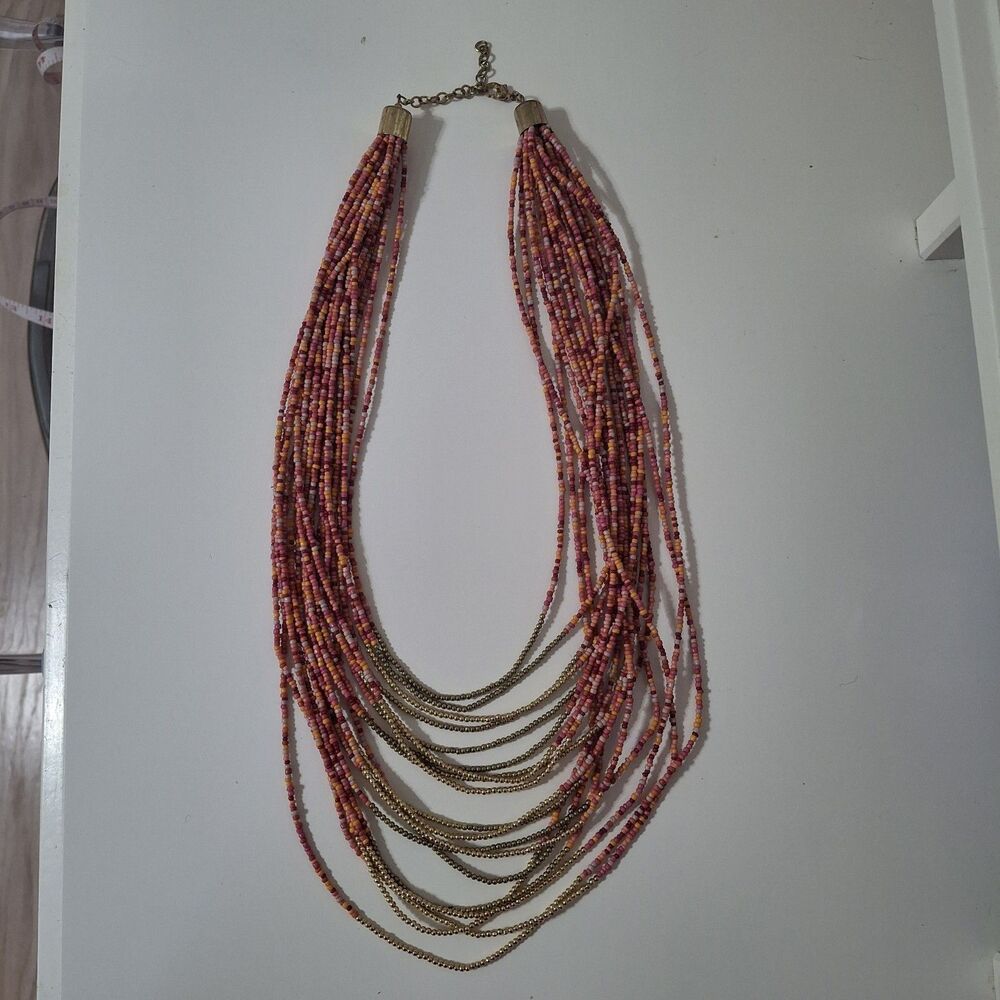 Multi Strand Multi Layered Pink Salmon Seed Beaded Statement Necklace Gold Tone